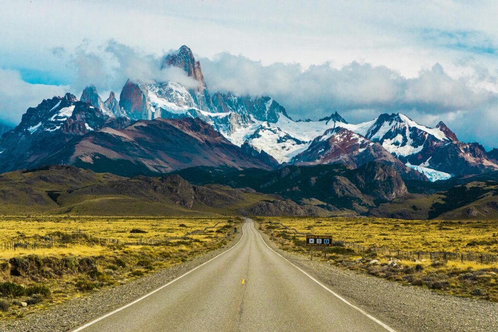 Scenic view of the road leading to Mount Fitz Roy in El Chaltén, Argentina.
